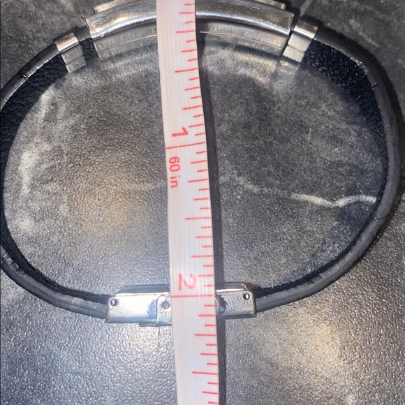 EDFORCE Black Leather Bracelet with Stainless Steel And Diamond Accents - Picture 7 of 8